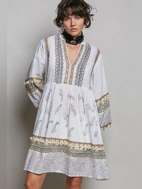 POL White Boho Tunic Dress with Tassels Sequins and Embroidery